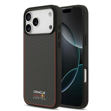 Apple iPhone 17 Pro Max Kılıf Redbull Orjinal Lisanslı M-safe Şarj Özellikli Karbon Fiber Parlayan Logolu Kevlar Kapak Siyah