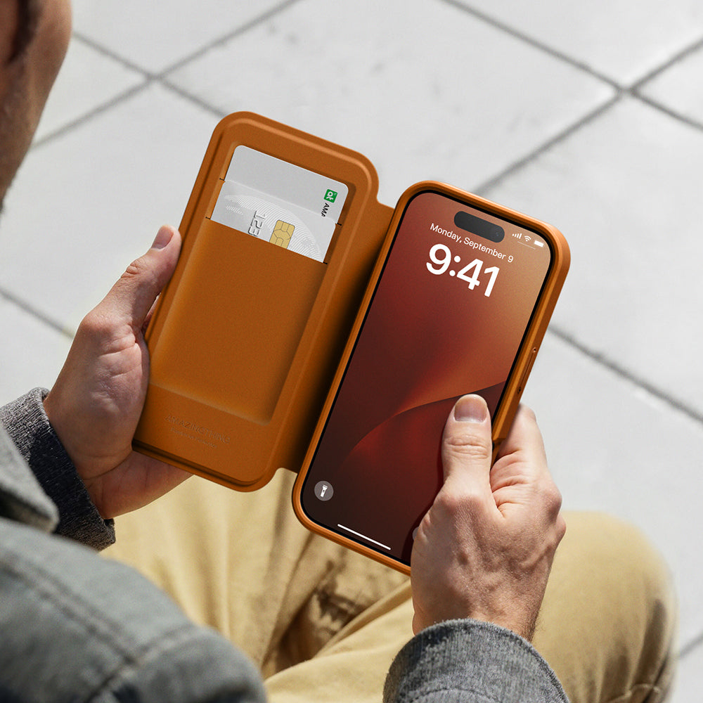 Apple iPhone 17 Pro Max PU Card Holder Cover Amazingthing Glamour Foilo Series Case Orange