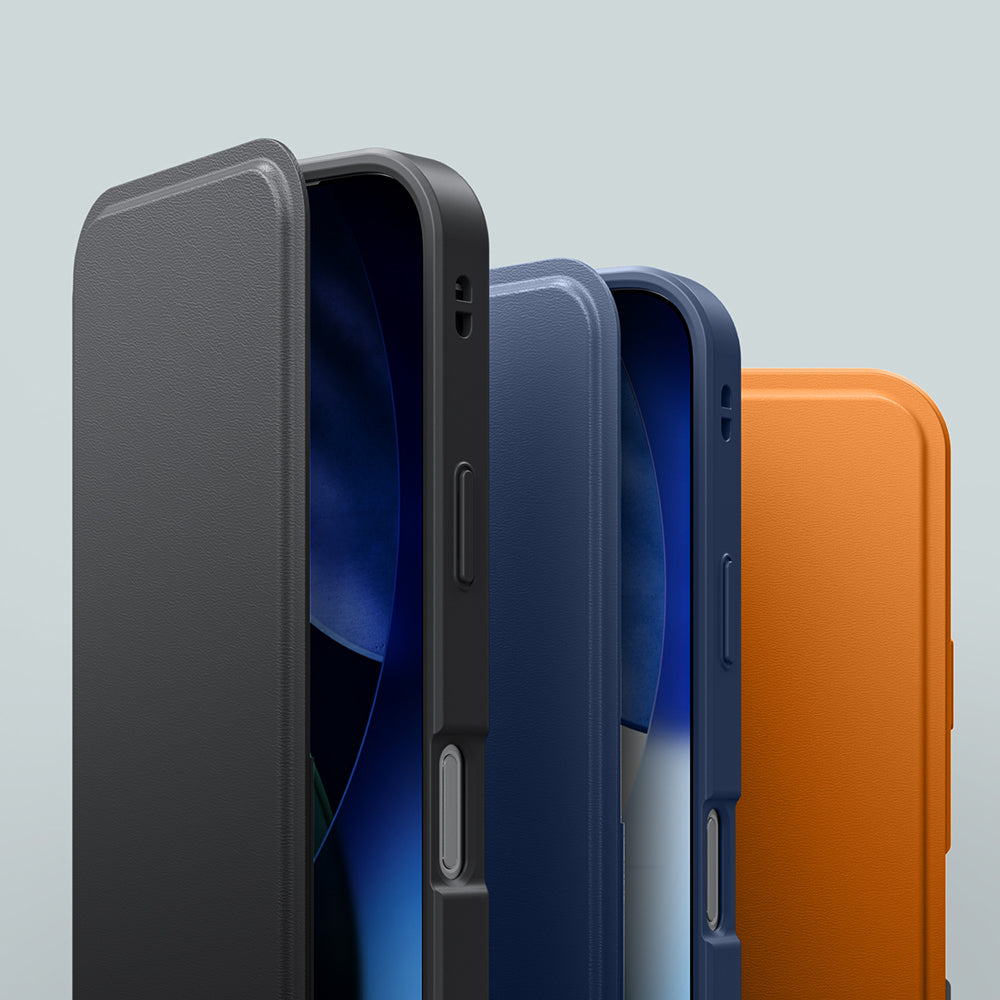 Apple iPhone 17 Pro Max PU Kartlıklı Kapaklı Amazingthing Glamour Foilo Serisi Kılıf Turuncu