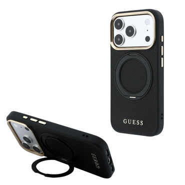 Apple iPhone 18 Pro Kılıf Guess Orjinal Lisanslı M-safe Şarj Özellikli 360 Derece Dönebilen Standlı PU Metal Yazı Logolu Kapak