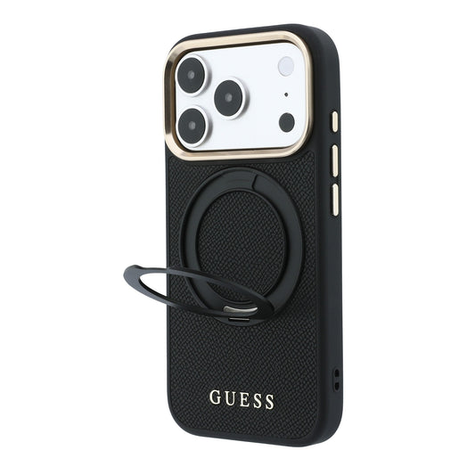 Apple iPhone 18 Pro Kılıf Guess Orjinal Lisanslı M-safe Şarj Özellikli 360 Derece Dönebilen Standlı PU Metal Yazı Logolu Kapak