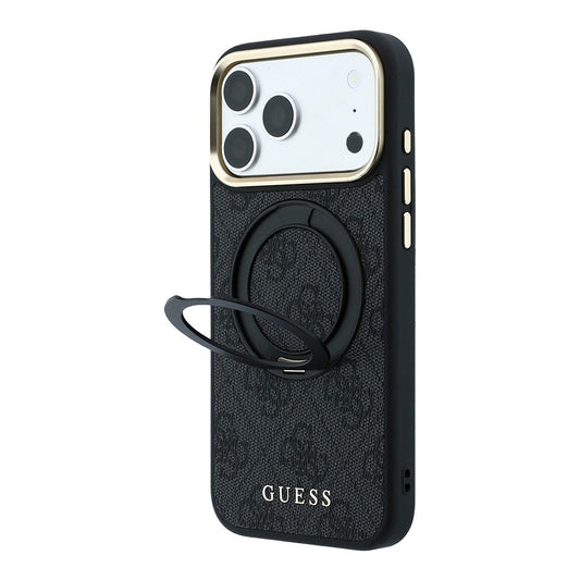 Apple iPhone 18 Pro Kılıf Guess Orjinal Lisanslı M-safe Şarj Özellikli 4G Desenli 360 Derece Dönebilen Standlı Metal Yazı Logolu Kapak