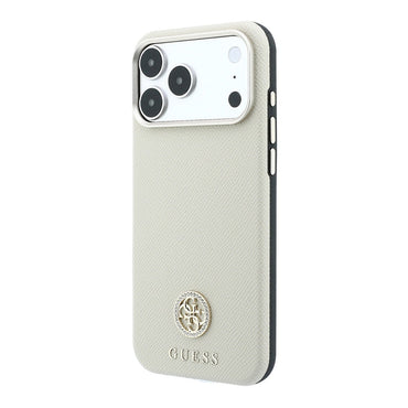 Apple iPhone 18 Pro Kılıf Guess Orjinal Lisanslı M-safe Şarj Özellikli PU Taşlı Metal 4G ve Yazı Logolu Kapak