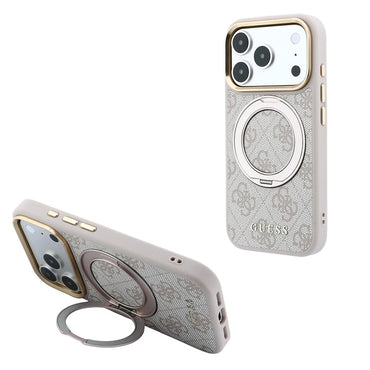 Apple iPhone 18 Pro Max Kılıf Guess Orjinal Lisanslı M-safe Şarj Özellikli 4G Desenli 360 Derece Dönebilen Standlı Metal Yazı Logolu Kapak