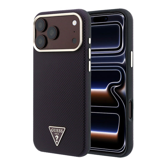 Apple iPhone 18 Pro Max Kılıf Guess Orjinal Lisanslı M-safe Şarj Özellikli PU Metal Üçgen Logolu Karbon Fiber Kevlar Kapak