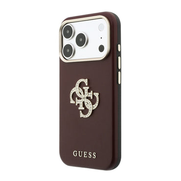 Apple iPhone 18 Pro Max Kılıf Guess Orjinal Lisanslı Metal Kamera Çerçeveli 4G Büyük Taşlı Resin Logolu PU Kapak