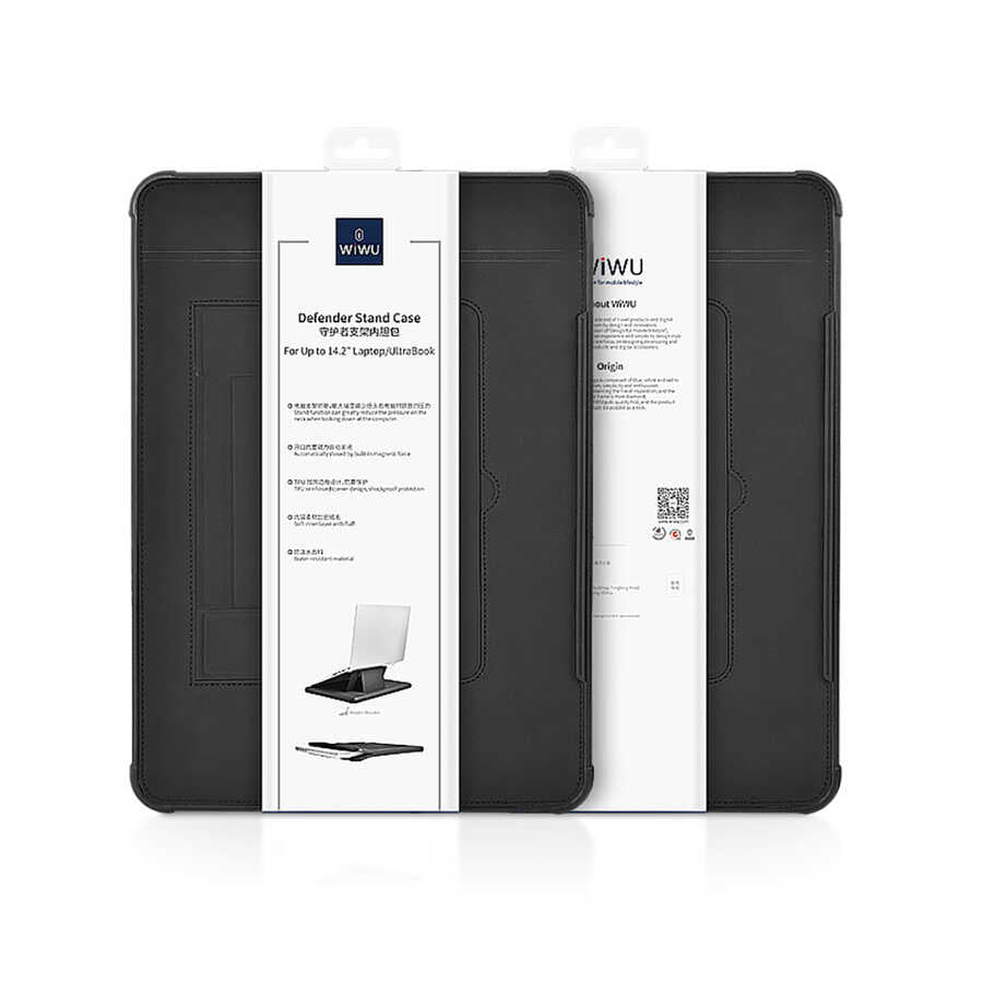 Apple Macbook Pro 16.2 2023 A2780 Wiwu Defender Stand Case Taşınabilir Standlı Magnetik PU Laptop Çantası Siyah