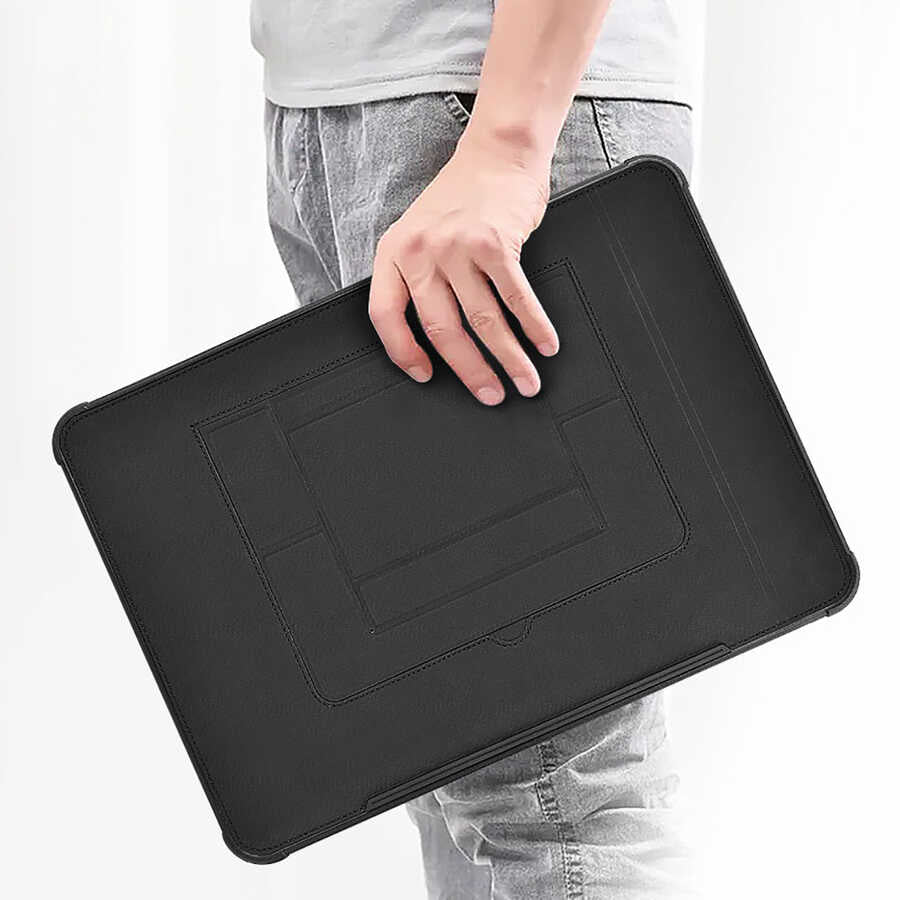 Apple Macbook Pro 16.2 2023 A2780 Wiwu Defender Stand Case Taşınabilir Standlı Magnetik PU Laptop Çantası Siyah