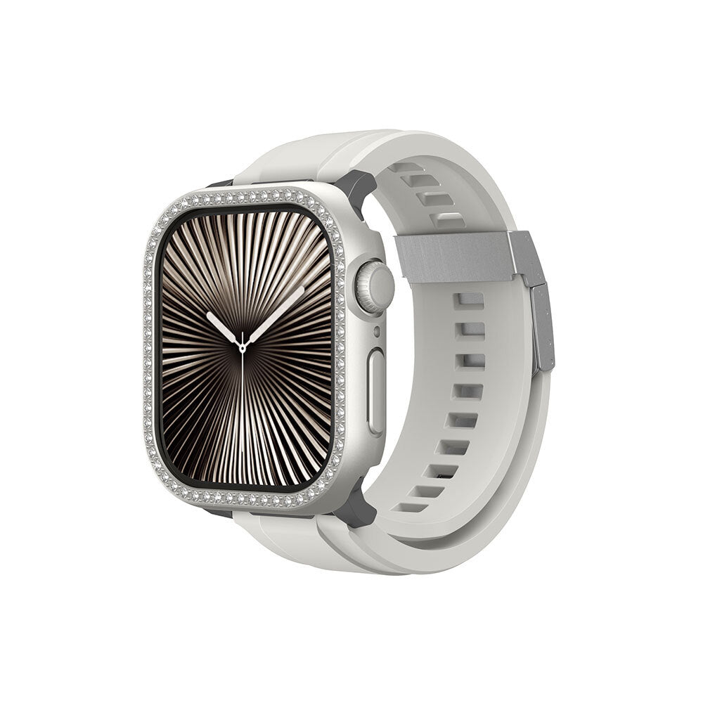 Apple Watch 10 46mm Amazingthing Gleam Fit FullGuard Taşlı Sert PC Kasa ve Ekran Koruyucu Starlight