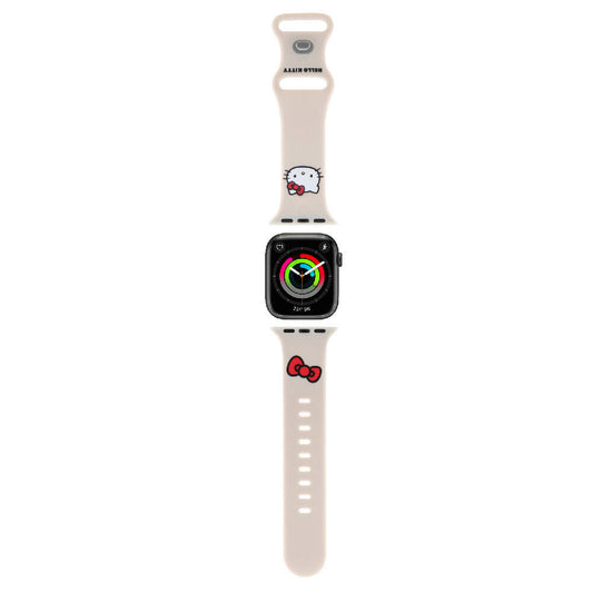 Apple Watch 38mm Hello Kitty Orjinal Lisanslı Yazı Logolu Fiyonk & Kitty Head Silikon Kordon Krem