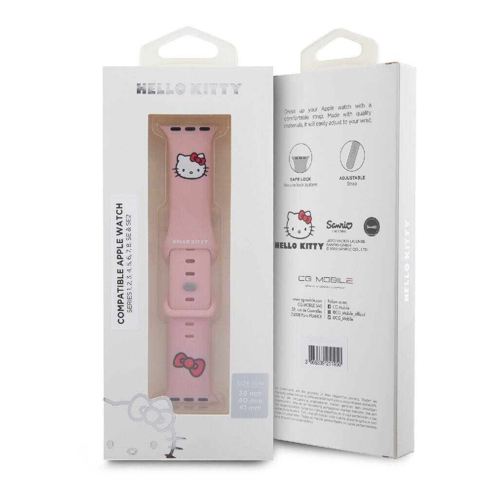 Apple Watch 40mm Hello Kitty Orjinal Lisanslı Yazı Logolu Fiyonk & Kitty Head Silikon Kordon Pembe