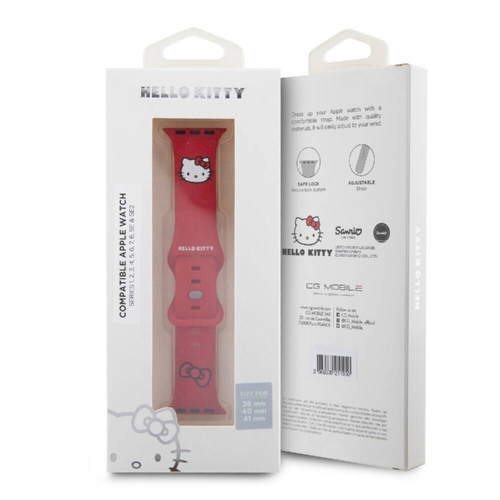 Apple Watch 41mm Hello Kitty Orjinal Lisanslı Yazı Logolu Fiyonk & Kitty Head Silikon Kordon Pembe