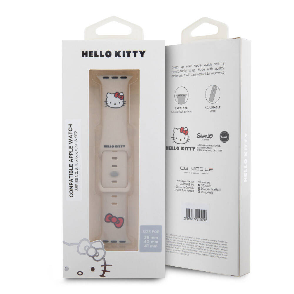 Apple Watch 41mm Hello Kitty Orjinal Lisanslı Yazı Logolu Fiyonk & Kitty Head Silikon Kordon Pembe