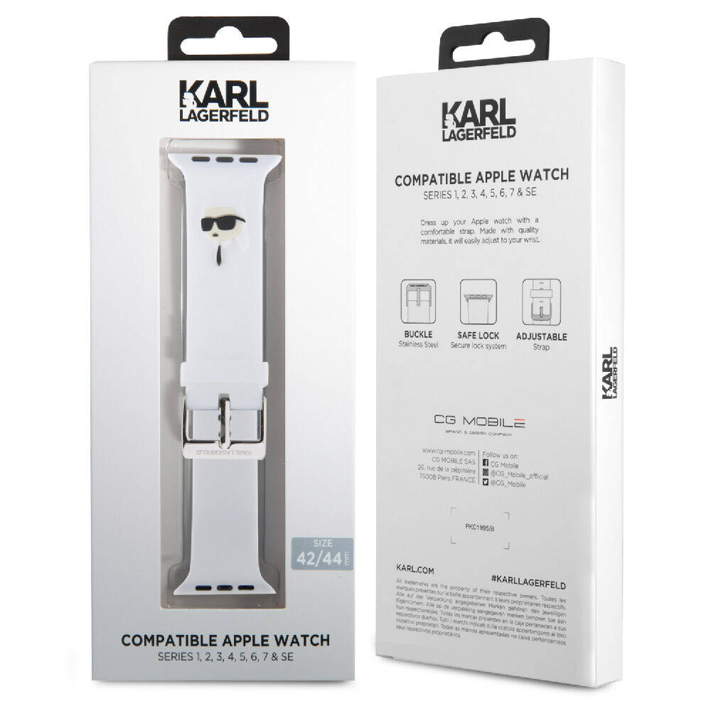 Apple Watch 44mm Karl Lagerfeld Original Licensed Silicone Band with Iconic Karl Head Logo White