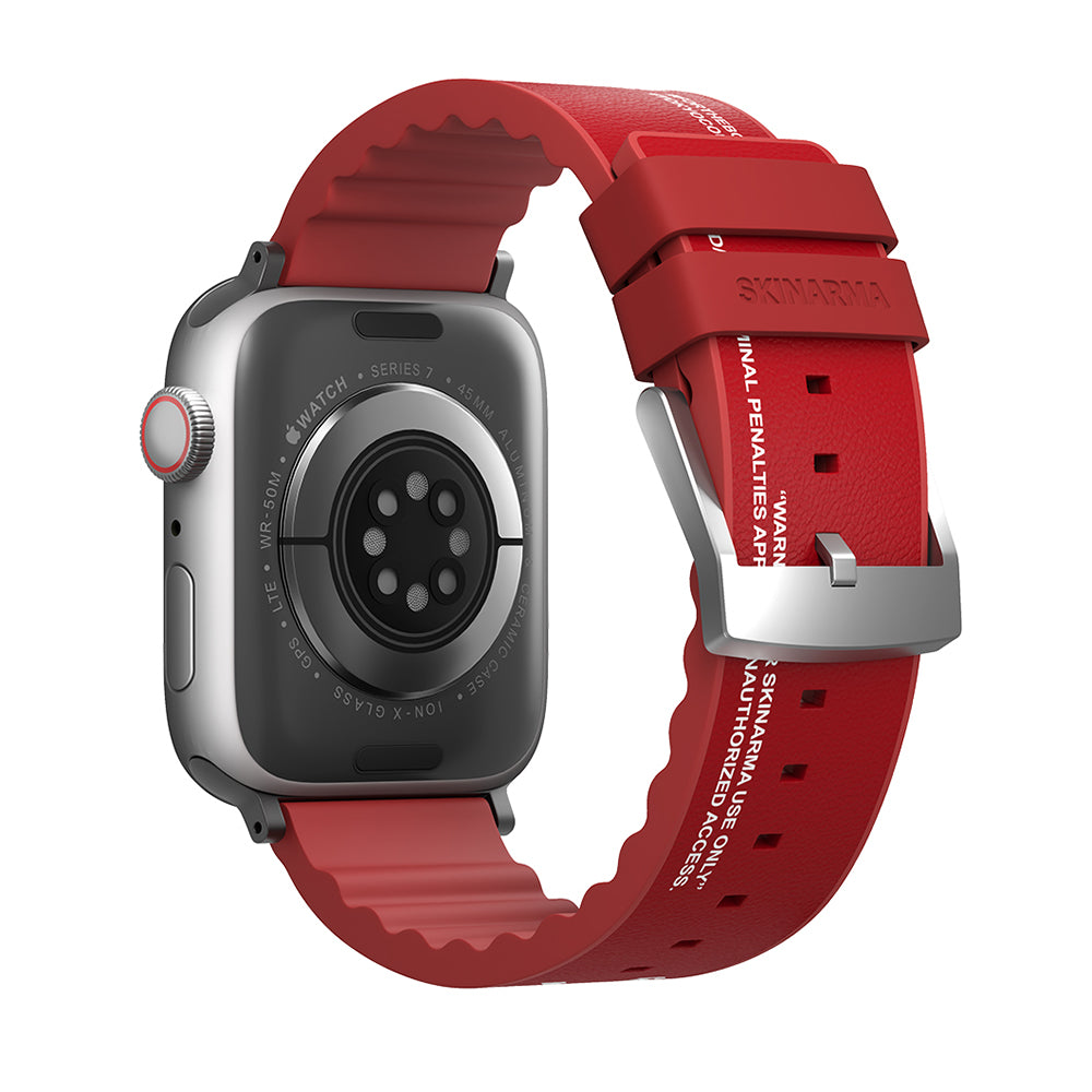 Apple Watch 44mm SkinArma Taihi Sora Text Patterned Leather Look Silicone Band Red