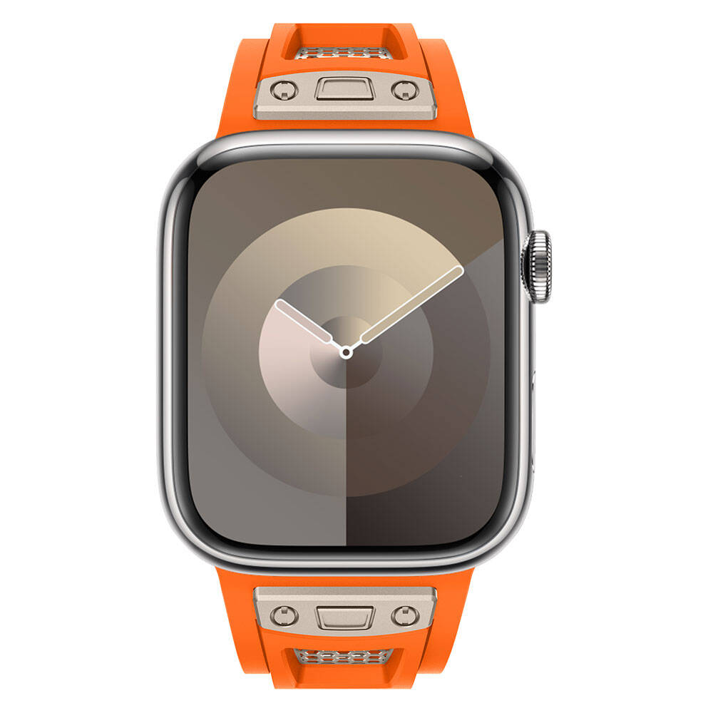 Apple Watch 44mm Zore KRD-117 Breathable Perforated Metal Decorated Patterned Silicone Strap Titanium-Starlight