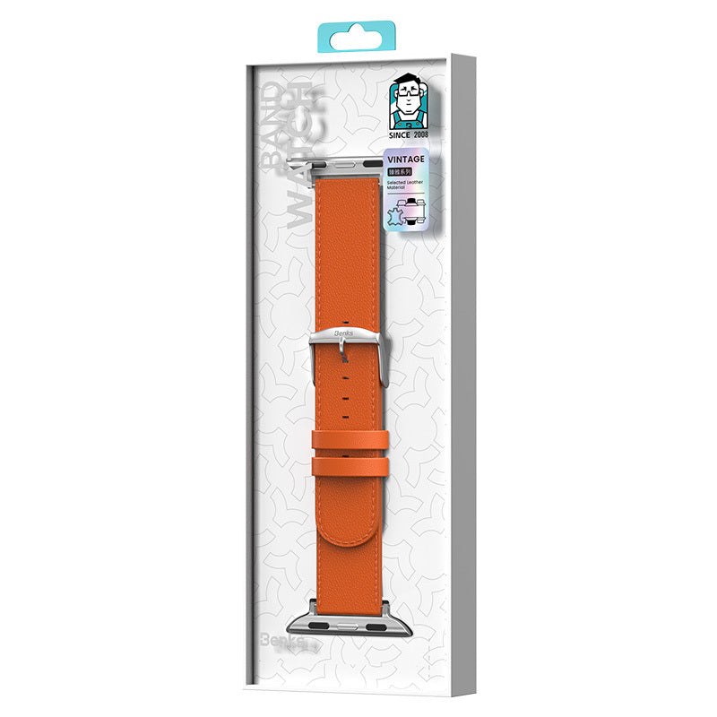 Apple Watch 7 45mm Benks Vintage Genuine Leather Serisi Deri Kordon Strap Kayış Turuncu