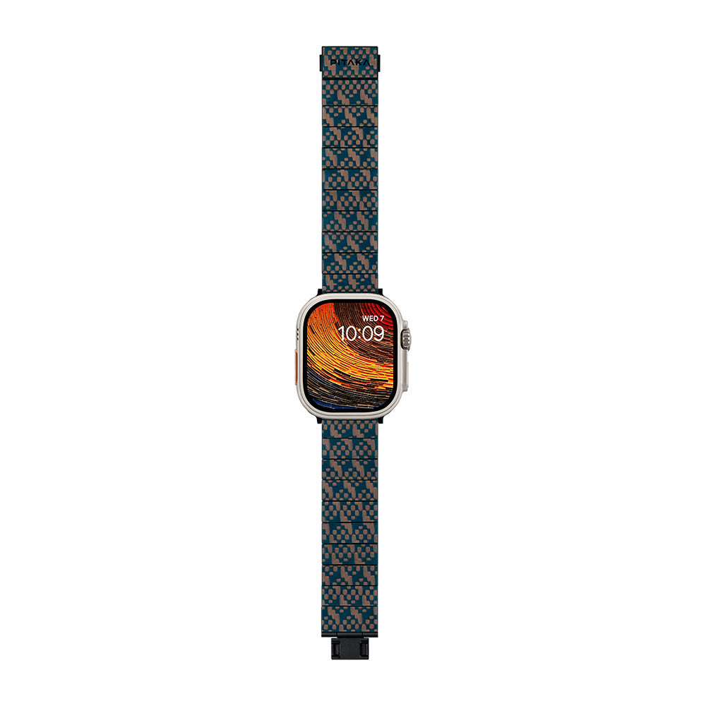Apple Watch Serisi Uyumlu Aramid Fiber ve Karbon Fiber Pitaka Dreamland ChromaCarbon Serisi Stairs Universal Kordon Mavi-Kahverengi