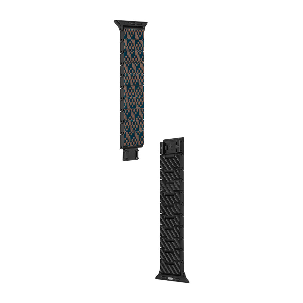 Apple Watch Serisi Uyumlu Aramid Fiber ve Karbon Fiber Pitaka Dreamland ChromaCarbon Serisi Stairs Universal Kordon Mavi-Kahverengi