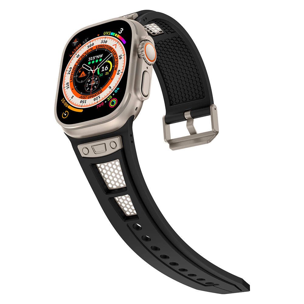 Apple Watch Ultra 49mm Zore KRD-117 Breathable Perforated Metal Decorated Patterned Silicone Band Black