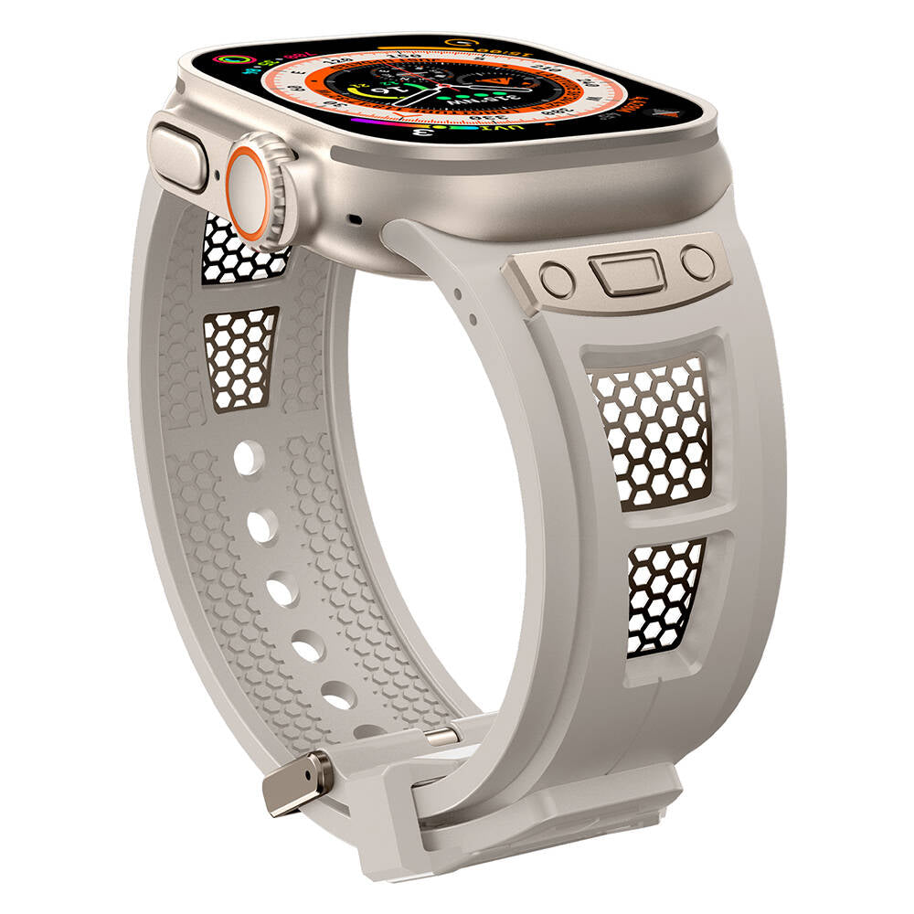 Apple Watch Ultra 49mm Zore KRD-117 Breathable Perforated Metal Decorated Patterned Silicone Band Black