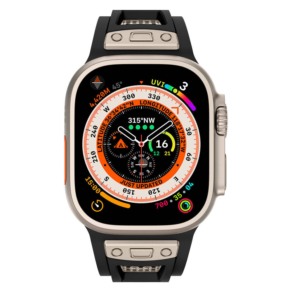 Apple Watch Ultra 49mm Zore KRD-117 Breathable Perforated Metal Decorated Patterned Silicone Band Black