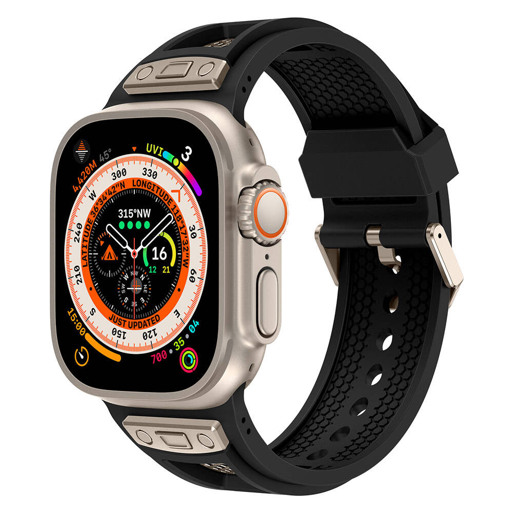 Apple Watch Ultra 49mm Zore KRD-117 Breathable Perforated Metal Decorated Patterned Silicone Band Black