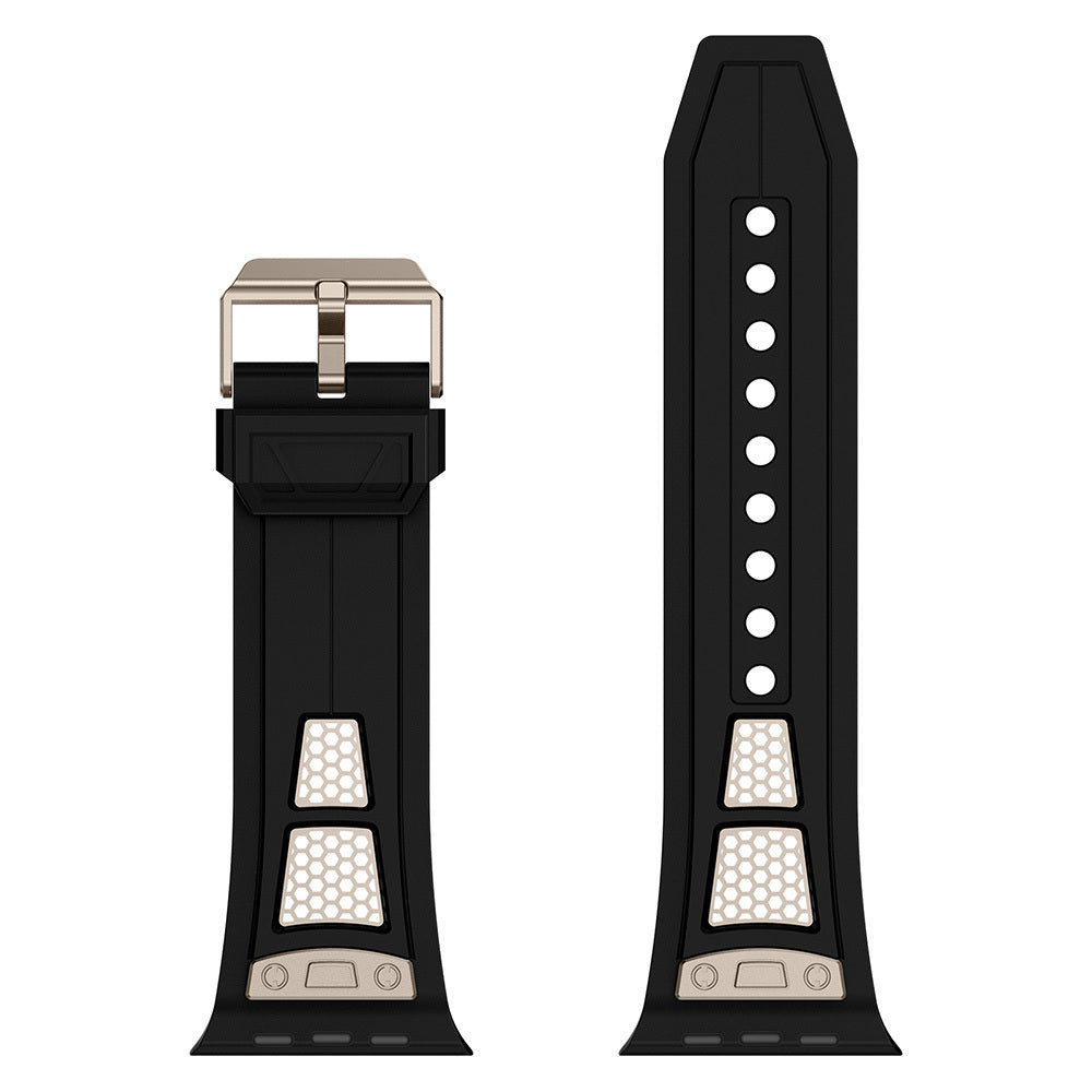 Apple Watch Ultra 49mm Zore KRD-117 Breathable Perforated Metal Decorated Patterned Silicone Band Black