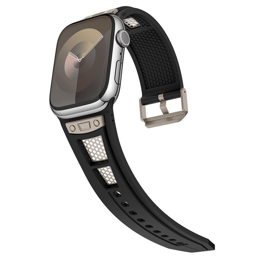 Apple Watch Ultra 49mm Zore KRD-117 Breathable Perforated Metal Decorated Patterned Silicone Band Black