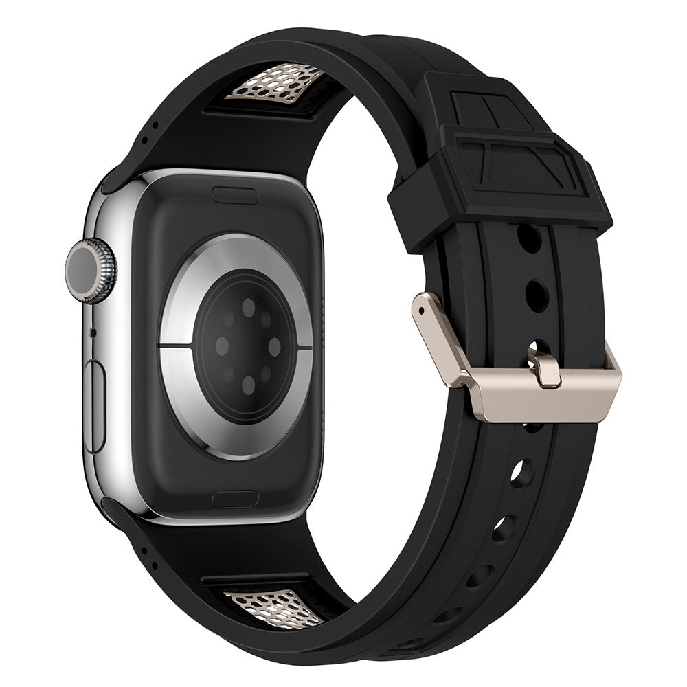 Apple Watch Ultra 49mm Zore KRD-117 Breathable Perforated Metal Decorated Patterned Silicone Band Black
