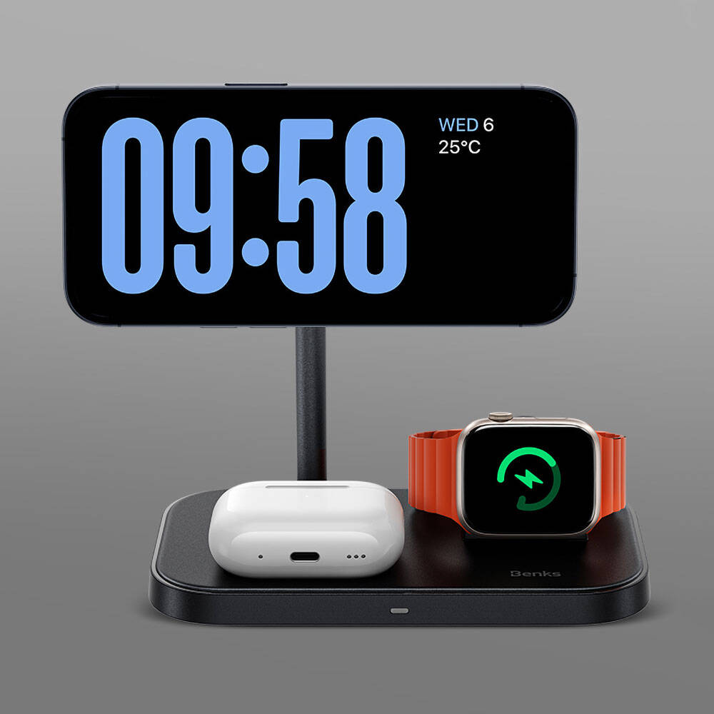 Benks W16 3in1 Phone & Smartwatch & Headphone Wireless Charging Stand Black