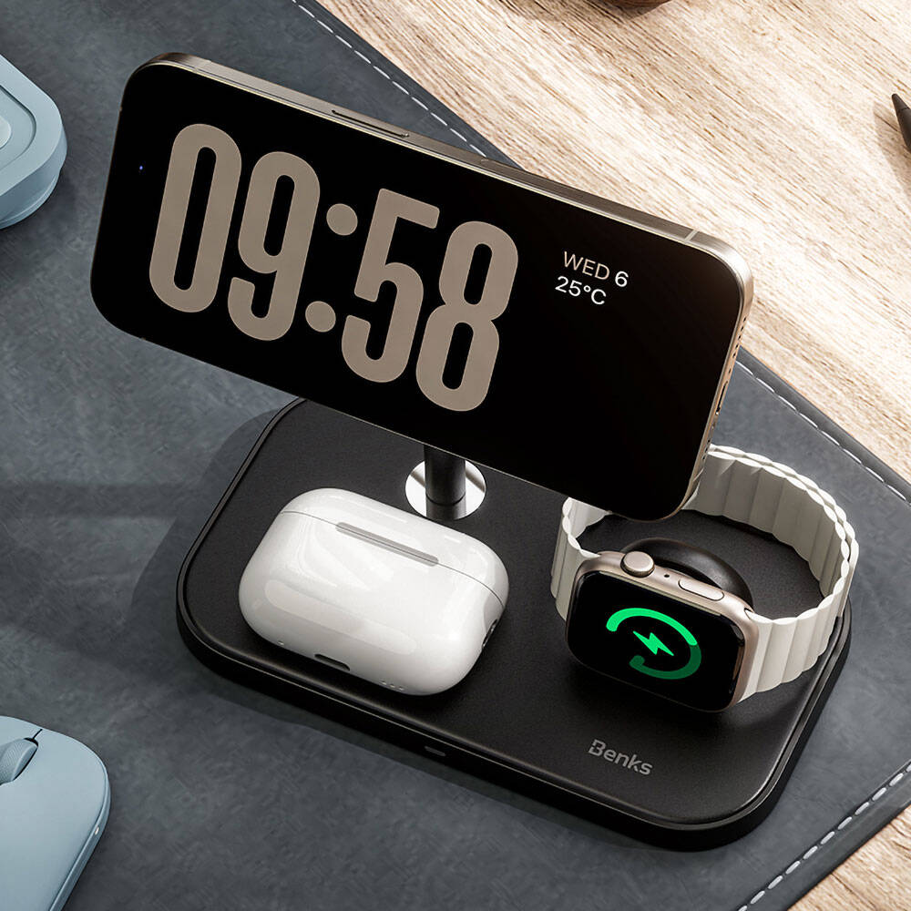 Benks W16 3in1 Phone & Smartwatch & Headphone Wireless Charging Stand Black