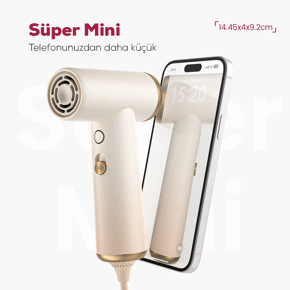 Coshare HP10E Mini Isı Dereceli LED Işıklı Saç Kurutma Fön Makinesi Krem-Beyaz