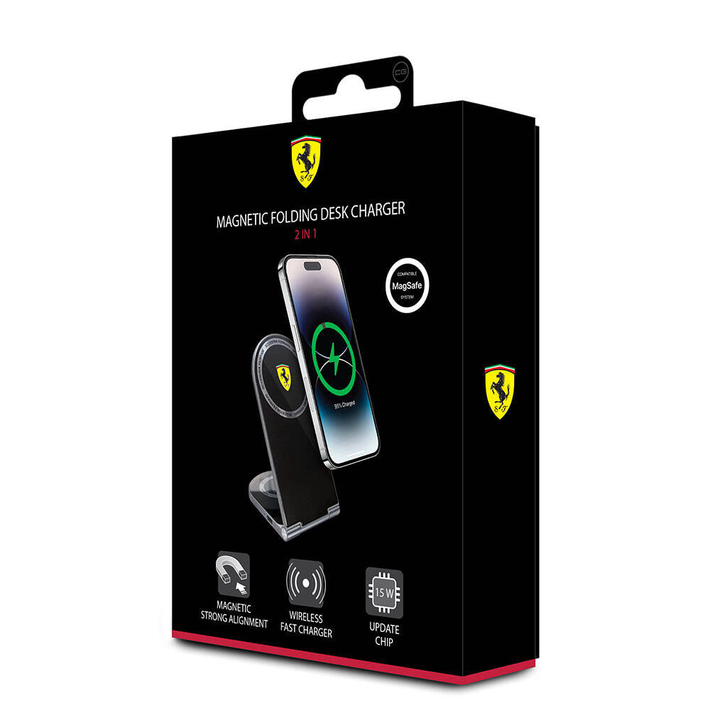 Ferrari Original Licensed Foldable Magnetic Wireless Charging Stand with Printed Shield Logo, Black