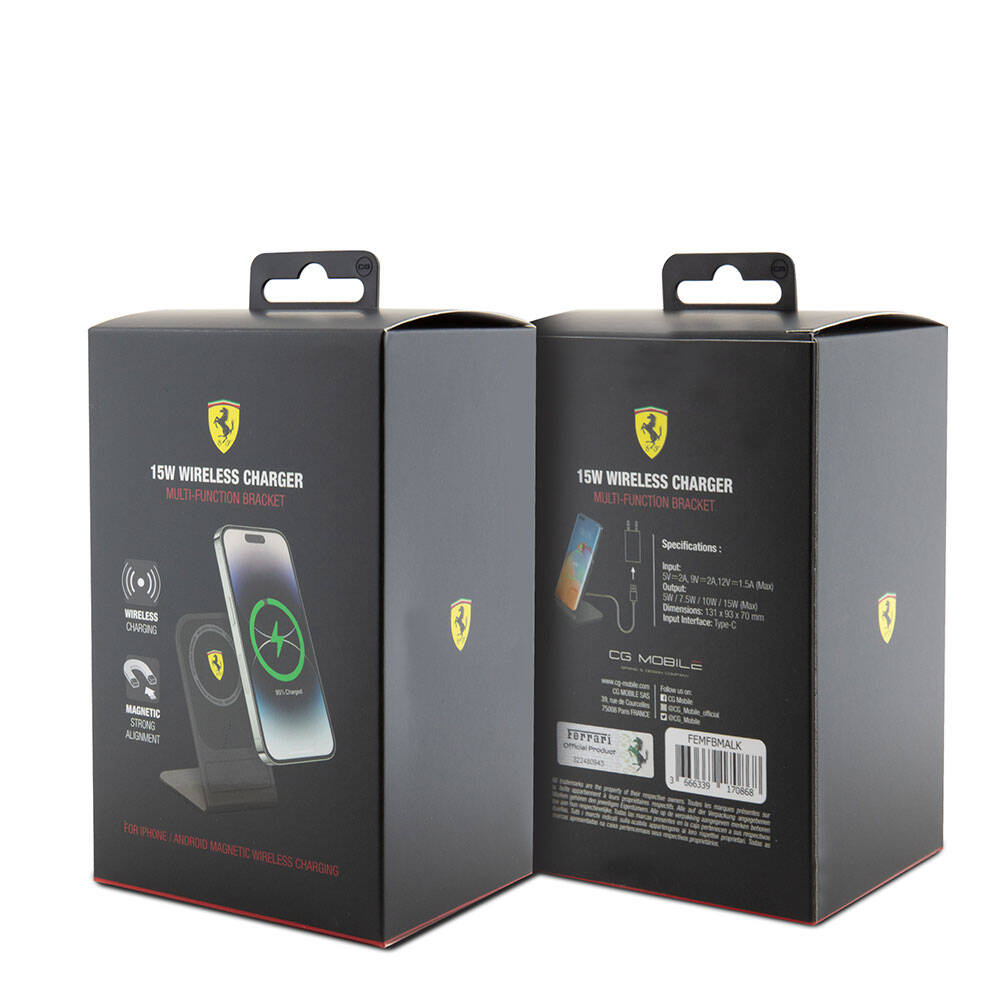 Ferrari Original Licensed Foldable Magnetic Wireless Charging Stand with Printed Shield Logo Black
