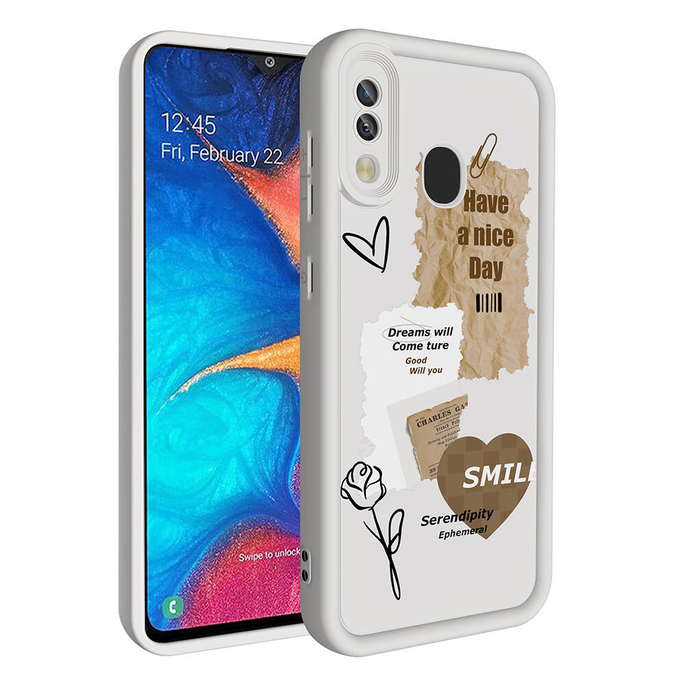 Galaxy A20 Case Camera Protection Printed Back Surface Zore Classy Cover White