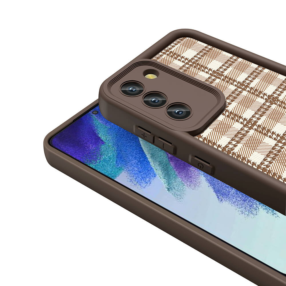 Galaxy S21 FE Case Camera Protection Printed Back Surface Zore Classy Cover Light Brown