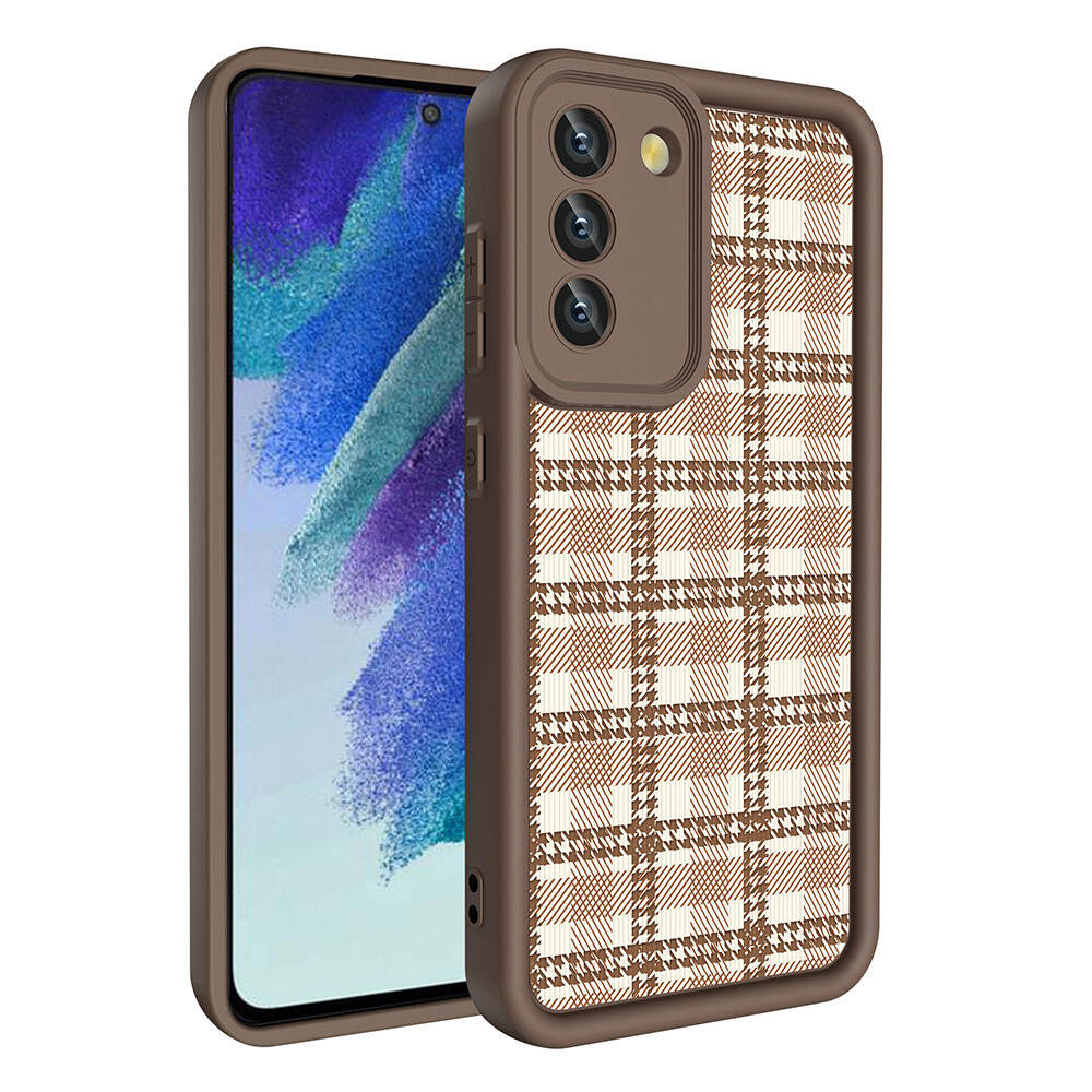 Galaxy S21 FE Case Camera Protection Printed Back Surface Zore Classy Cover Light Brown