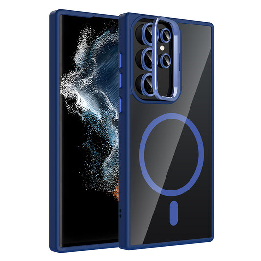 Galaxy S22 Ultra Case with Stand and Camera Lens Gift, M-Safe Charging Feature, Zore Etro Cover Navy Blue