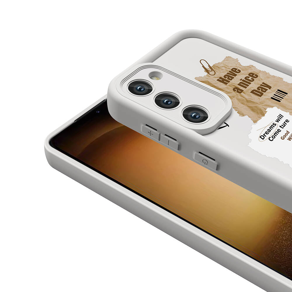 Galaxy S23 Case Camera Protection Printed Back Surface Zore Classy Cover White