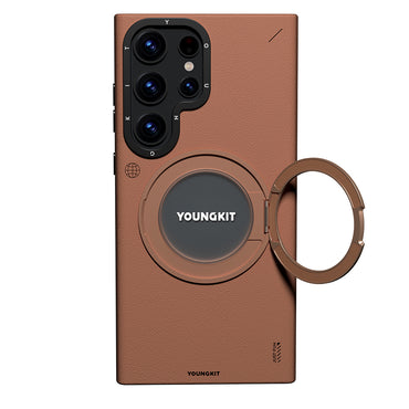 Galaxy S23 Ultra Kılıf M-safe Şarj Özellikli 360° Standlı Basit Mat Deri Desenli Youngkit Tech Leather Serisi Kapak Gri