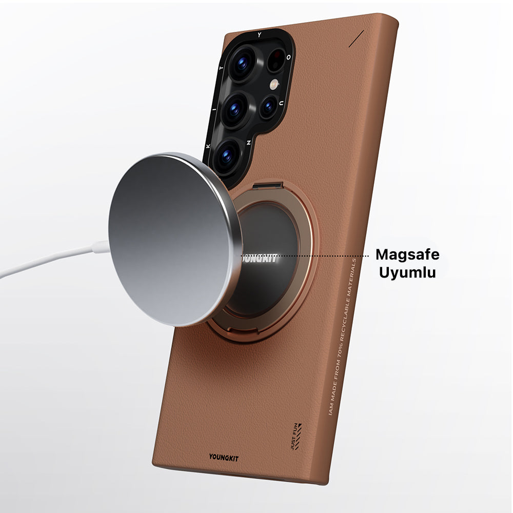 Galaxy S23 Ultra Kılıf M-safe Şarj Özellikli 360° Standlı Basit Mat Deri Desenli Youngkit Tech Leather Serisi Kapak Siyah