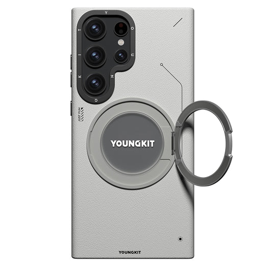 Galaxy S23 Ultra Kılıf M-safe Şarj Özellikli 360° Standlı Basit Mat Deri Desenli Youngkit Tech Leather Serisi Kapak Gri