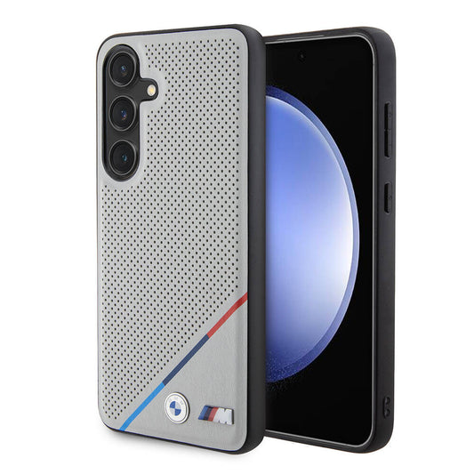 Galaxy S24 Kılıf BMW Orjinal Lisanslı M-safe Şarj Özellikli M Logolu Üç Çizgili Delikli Deri Kapak Gri