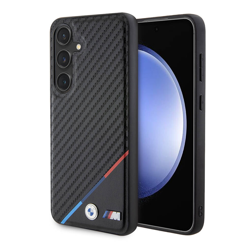 Galaxy S24 Case BMW Original Licensed M-Safe Charging Feature M Logo Three Stripes PU Carbon Cover Black