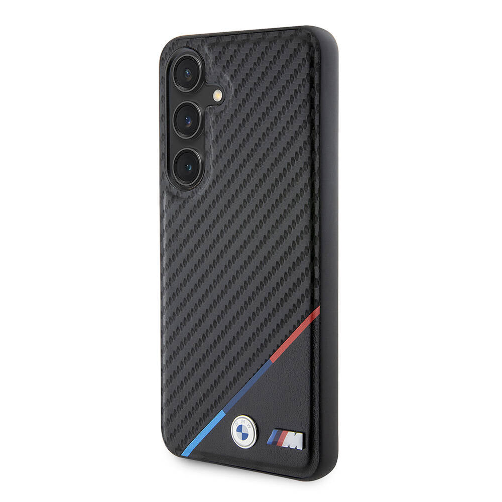 Galaxy S24 Case BMW Original Licensed M-Safe Charging Feature M Logo Three Stripes PU Carbon Cover Black
