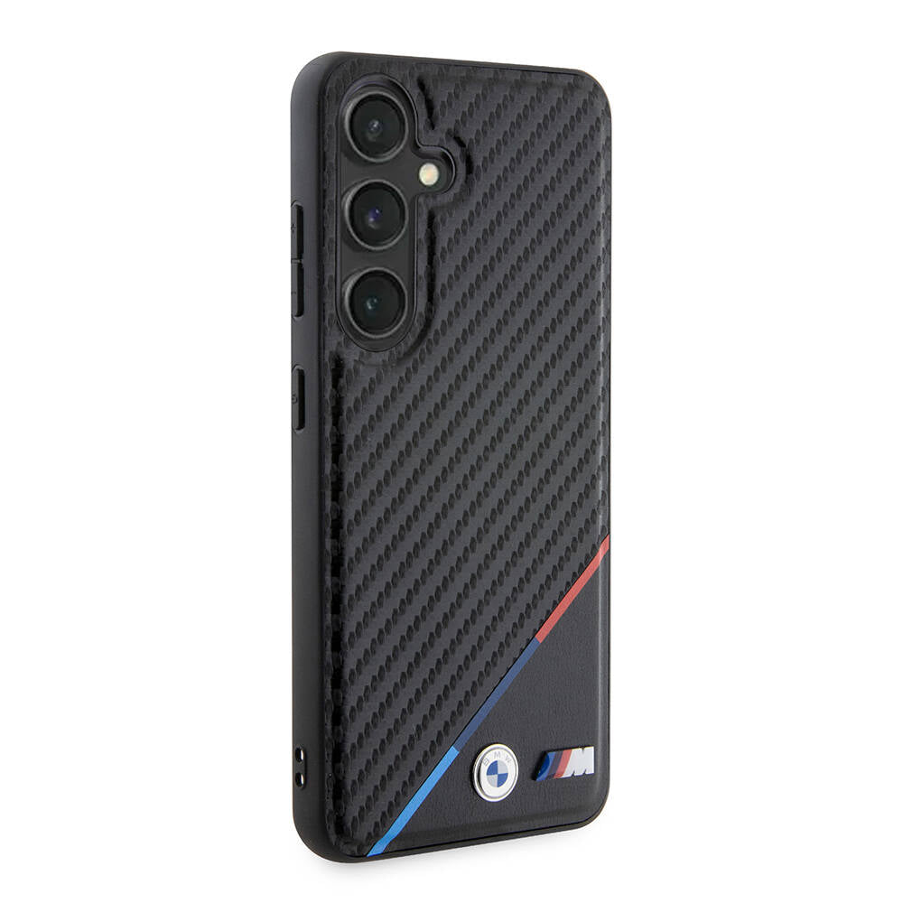 Galaxy S24 Case BMW Original Licensed M-Safe Charging Feature M Logo Three Stripes PU Carbon Cover Black