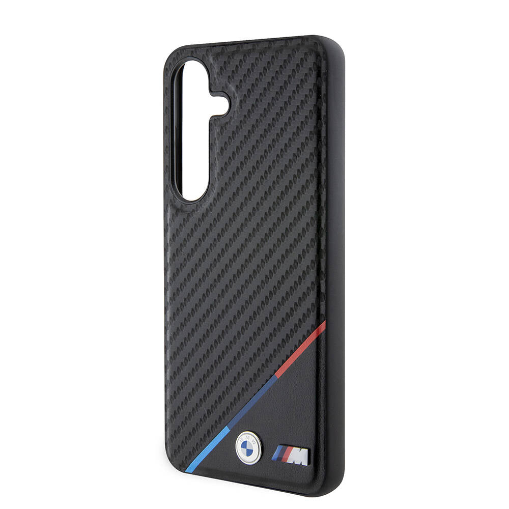 Galaxy S24 Case BMW Original Licensed M-Safe Charging Feature M Logo Three Stripes PU Carbon Cover Black