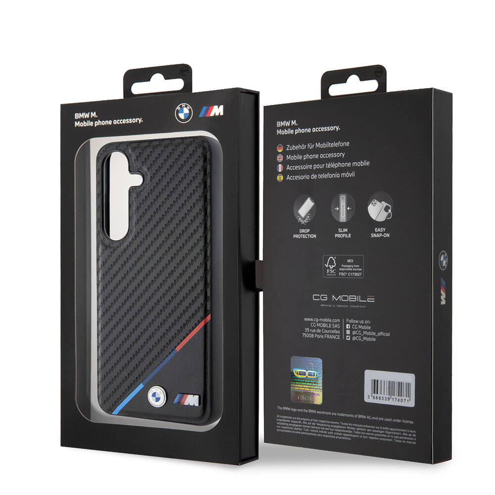Galaxy S24 Case BMW Original Licensed M-Safe Charging Feature M Logo Three Stripes PU Carbon Cover Black