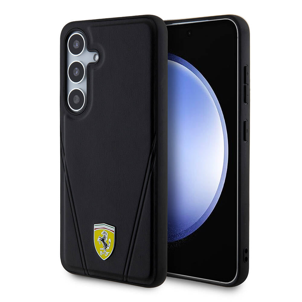 Galaxy S24 Case Ferrari Original Licensed M-Safe Charging Feature Hot Print V Striped Leather Cover Black